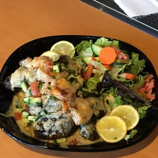 Shrimp over Cauliflower with a Tahini sauce on top