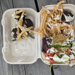 Hella fries with falafel