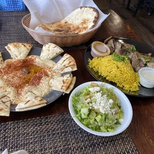 Gyro plate and hummus appetizer.
