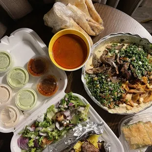 (Left to right) Shish Kabob with Yellow Rice, Salad, and Soup of the Day! // Hummus and Meat (Beef and Chicken) // 3x Pita Bread // Baklava