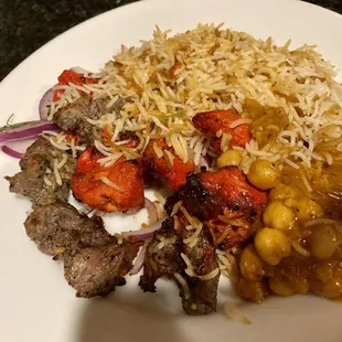 Chicken and lamb kebab platter.