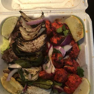 Chicken, lamb and vegetable skewers