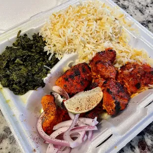 A1 - Boneless chicken kabob plate with rice and spinach