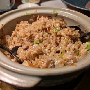 Nabe, Pork Jowl. $21. Furikake rice, bonito flakes, shiitake garlic chips, egg yolk, soy dashi.