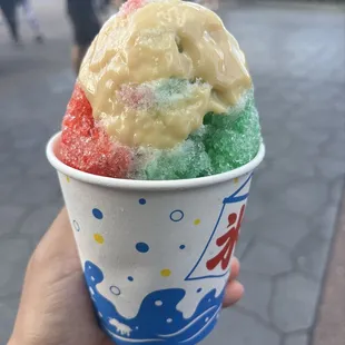 Rainbow Kakigori with sweet milk topping