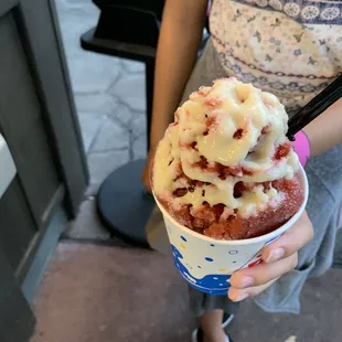 Cherry shaved ice with sweet milk topping