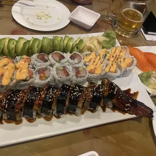 Yellow Tail Salmon Spicy Tuna Roll Whole Dragon Roll