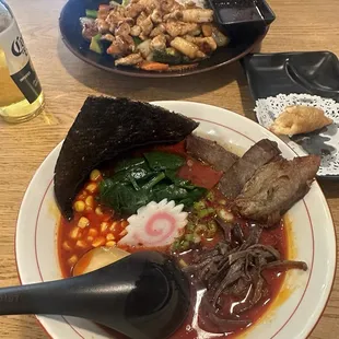 Spicy miso ramen, heat level 2, chicken and shrimp hibachi