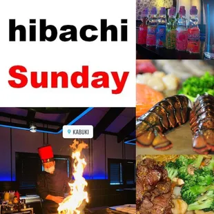a picture of a man cooking on a grill with the words $ 1 kids hibachi sunday