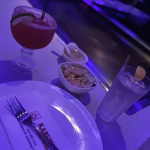 Dinner drink, soup and salad.