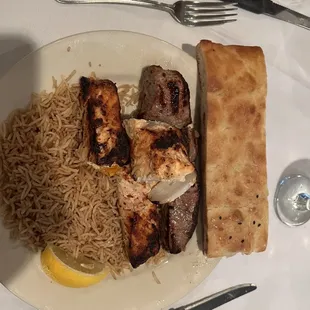 Basmati rice, beef and salmon shish kabob