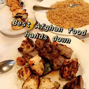 Lamb kebab, chicken kebab, pallow, and jumbo prawn kebabs.