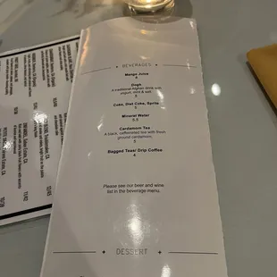 Non-alcoholic drink menu