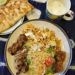 Mantu, Kobedah Lamb Kabob with brown Basmati rice &amp; eggplant, naan, Ayran.