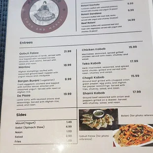 Here is a picture of the Qabuli Palow and the menu