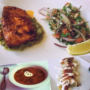 The pomegranate salmon with the salad on top with the aush and Mantu appetizer on the bottom!