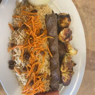 Platter w/chicken &amp; steak kabobs &amp; lamb kofta &amp; Afghan rice