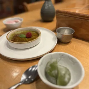 Green tea mochi and creme brûlée gift from the chef