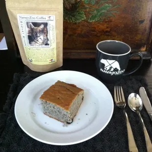 Organic blueberry blue corn bread with Navajo grown and milled blue corn and a cup of  NavajoZoo Kona Blend Coffee.