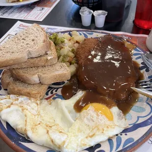 Generous portion sizes.  Steak, eggs, potatoes &amp; toast with brown gravy