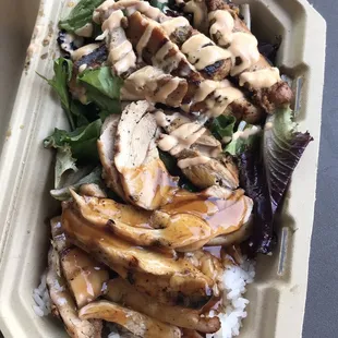 50/50 (white rice and spring mix) with half Teriyaki Chicken and half Special Chicken