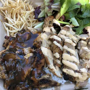 Half &amp; half plate (Kado's Special Chicken &amp; Teriyaki Chicken) over white rice, marinated bean sprouts, and Asian salad