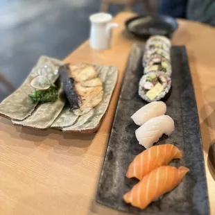 Miso black cod, salmon nigiri, scallop nigiri (special), futomaki