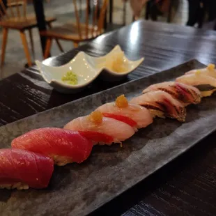 Left to right: chu toro, kinme-dai, kuromutsu, and shima aji. Best sushi, hands down.