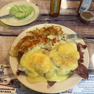 Pastrami Benedict with a side of Avocado