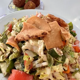 Fattoush salad with a side of falafel.