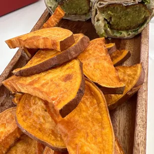 Falafel sandwich and sweet potato fries.