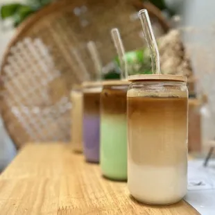a variety of drinks on a table