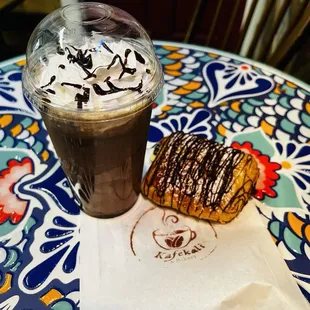 Mocha iced coffee with chocolate croissant
