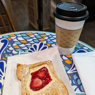 Strawberry cream cheese danish and a hot bees knees latte