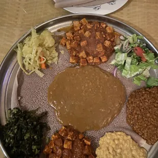 Vegetarian Platter + tofu wat + shiro wat + injera