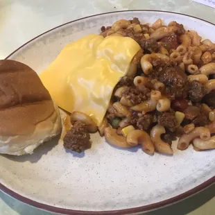 Hungarian Goulash Hotdish - Minnesota style so no identifiable paprika and a slice of AMERICAN cheese.