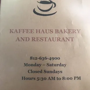 Menu and hours as of 10-23-18