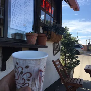 Enjoying my awesome breakfast burrito and breakfast tea