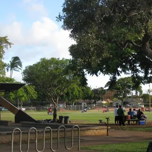 kids playing football to the right, bathrooms to the left