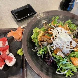 Salmon skin salad, tekka hosomaki