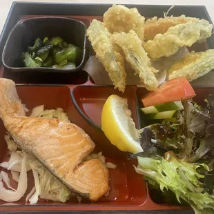 My dish. All vegetable tempura and grilled salmon. Comes with rice and miso soup.