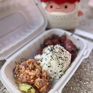a plastic container with rice, meat, and vegetables
