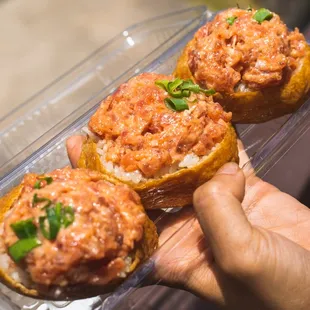 a hand holding a plastic container of food