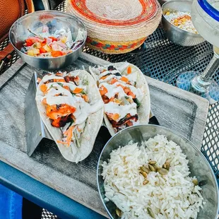 Mahi Mahi tacos with rice and coleslaw