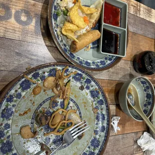 two plates of food on a wooden table