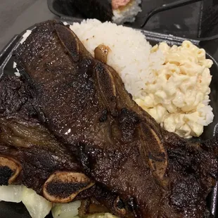 Kalbi Short Rib plate and peek of the Spam musubi.  Mac salad is pretty amazing too.