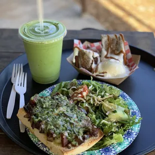 Pizza, baked banana bread, and green juice