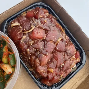 Fresh poke with half spicy and half shoyu