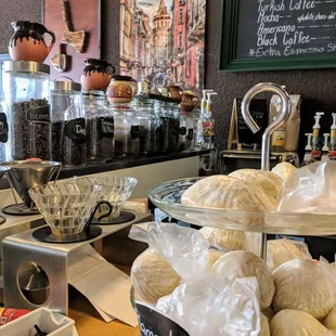 Counter w Turkish pastries, organic oat bites, and all of their fresh coffee on display.