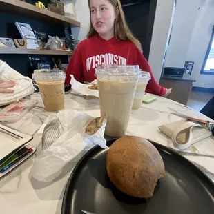 white mocha latte, bacon egg and cheese kalache